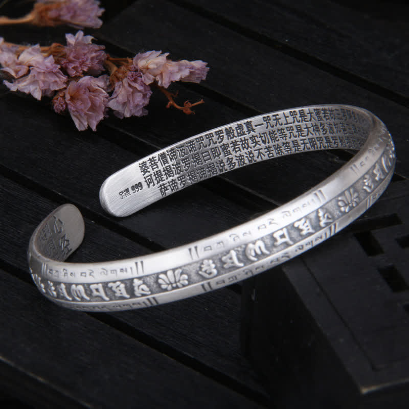 Buddha Stones 999 Sterling Silver Om Mani Padme Hum Cuore Sutra Lotus Peace Bracciale Bangle