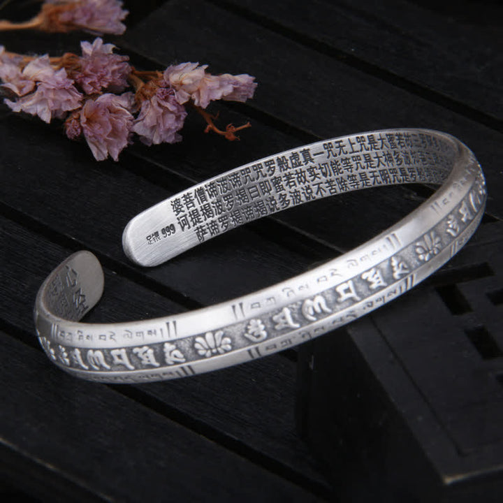 Buddha Stones 999 Sterling Silver Om Mani Padme Hum Cuore Sutra Lotus Peace Bracciale Bangle