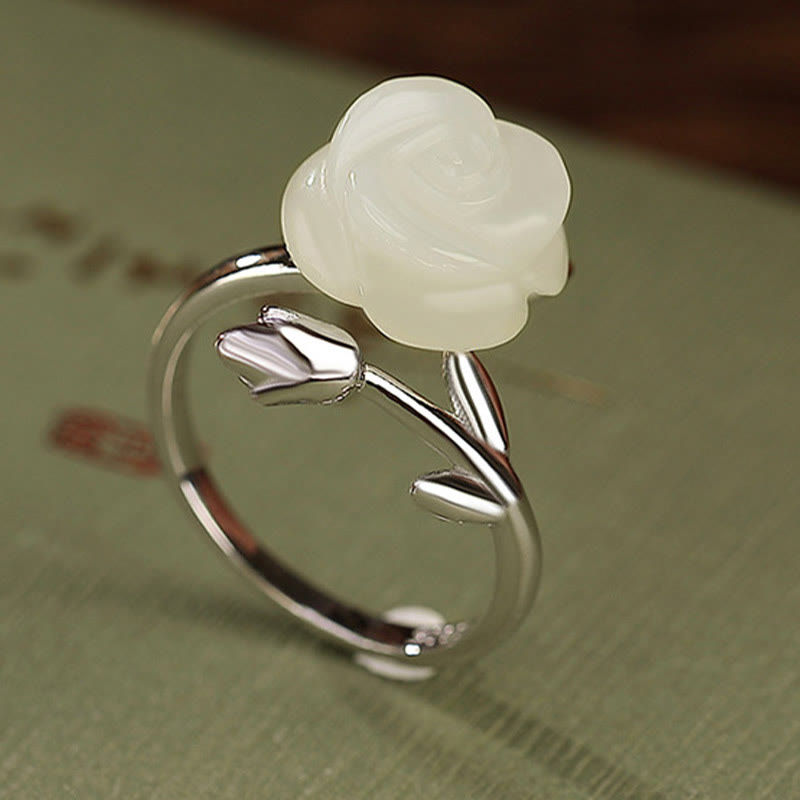 Anello della felicità in giada bianca Hetian con fiore rosa in argento sterling 925 placcato oro Buddha Stones