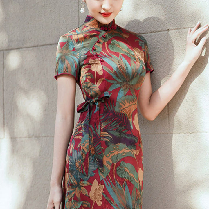 Abito Buddha Stones in seta Qipao con motivo a foglie e fiori retrò, abito cheongsam da donna - image 8