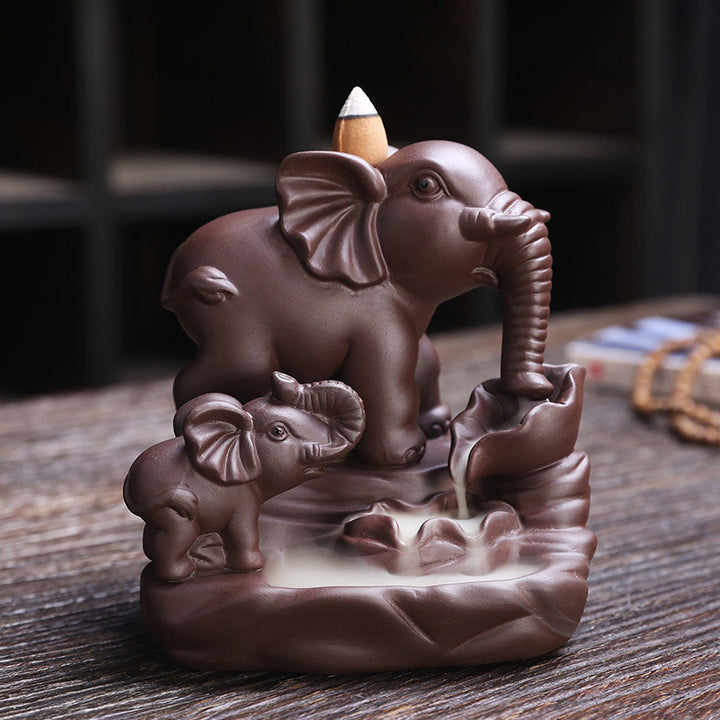 Decorazione per bruciatore di incenso con protezione per fontana di fumo a riflusso in argilla viola elefante tibetano