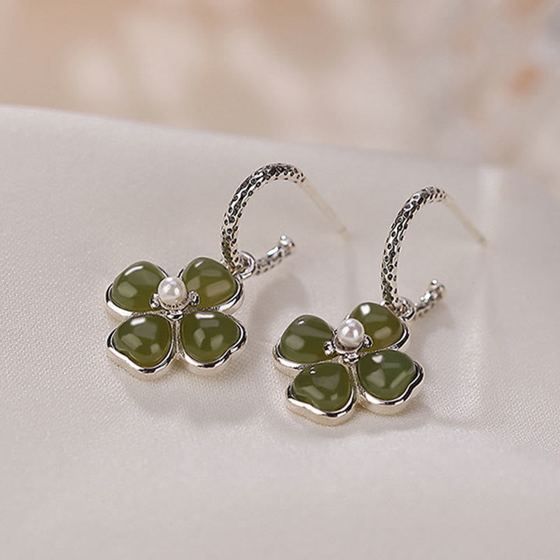 Orecchini Buddha Stones in argento sterling 925 con giada ciano naturale e quadrifoglio, fortuna e successo
