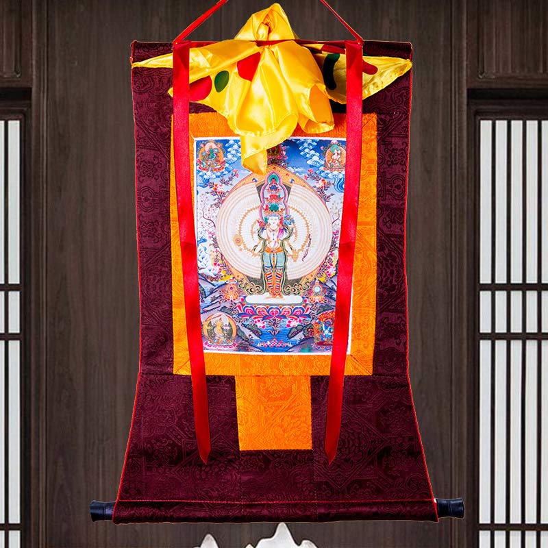 Buddha Stones Tibetano Avalokitesvara dalle mille mani con cornice Thangka Benedizione Decorazione