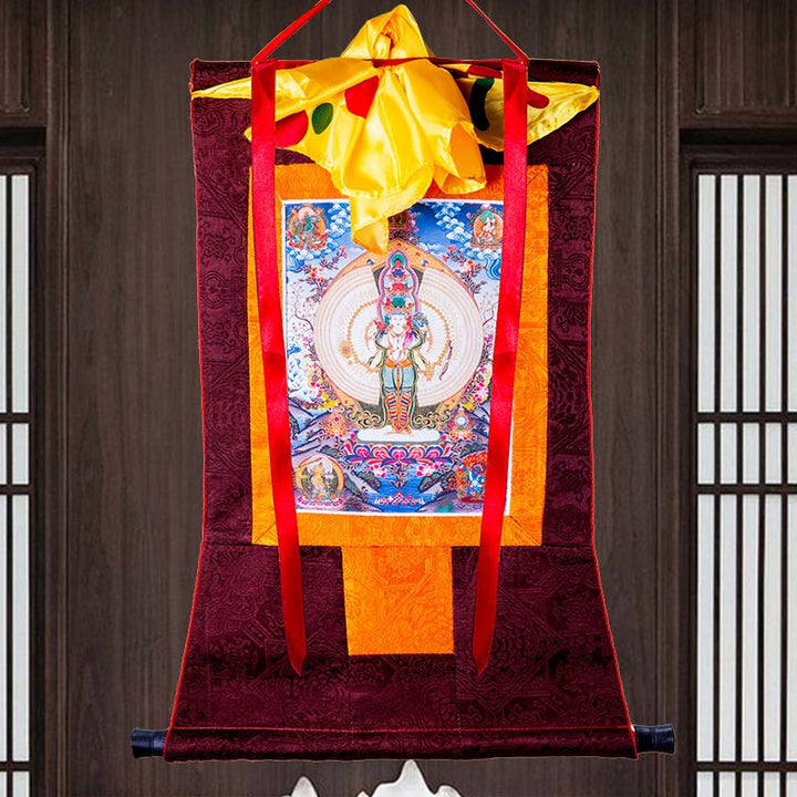 Buddha Stones Tibetano Avalokitesvara dalle mille mani con cornice Thangka Benedizione Decorazione