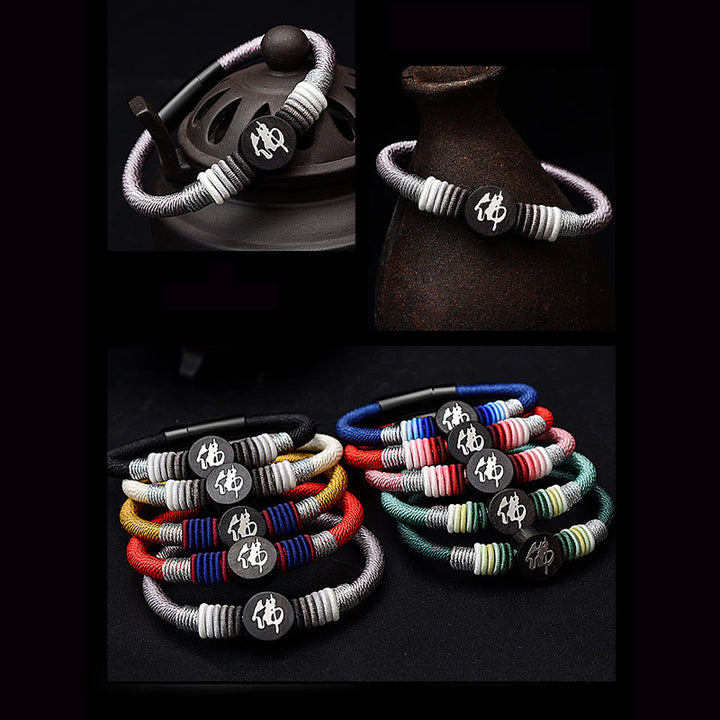 Braccialetto in corda artigianale in ebano con carattere Buddha Stones Buddha
