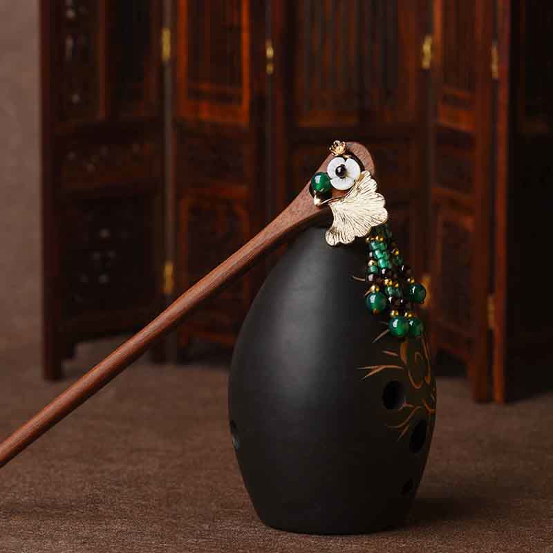 Forcina protettiva per capelli in legno di sandalo rosso, agata verde e foglia di ginkgo