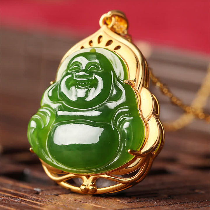 Collana con ciondolo a forma di Buddha che ride in argento sterling 925, giada ciano naturale di Hetian, oro 18 carati, catena di guarigione - image 7