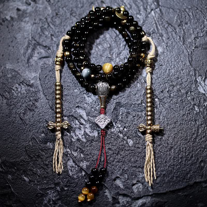 Buddha Stones 108 Mala Beads Oro Lucente Ossidiana Occhio di Tigre Pietra Occhio d'Aquila Bracciale della Ricchezza