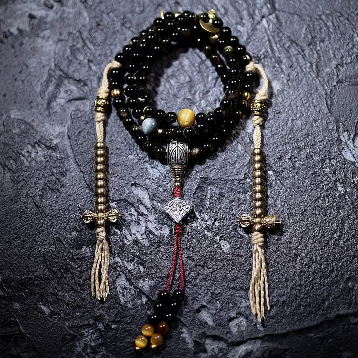 Buddha Stones 108 Mala Beads Oro Lucente Ossidiana Occhio di Tigre Pietra Occhio d'Aquila Bracciale della Ricchezza