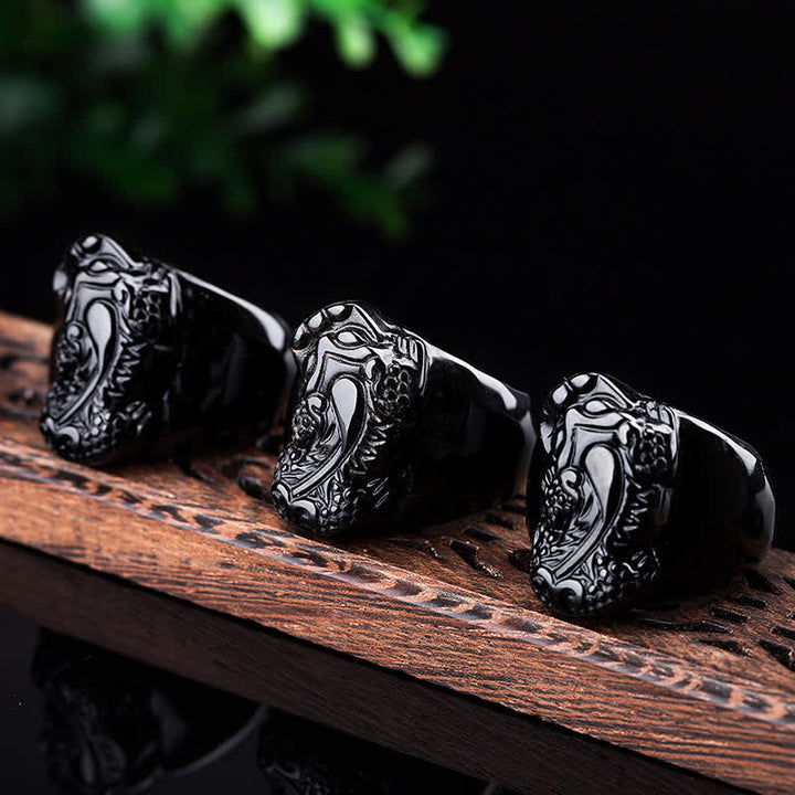 Anello di forza in ossidiana nera PiXiu FengShui