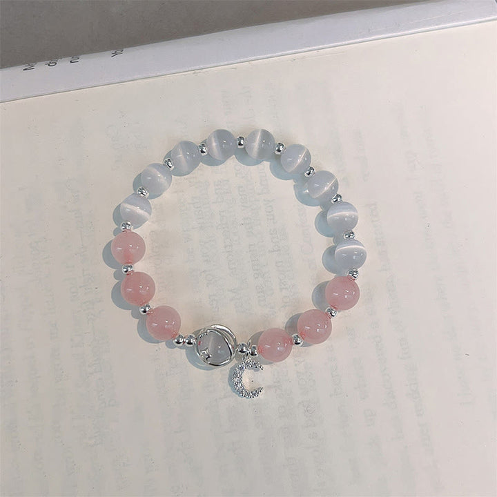 Braccialetto con ciondolo a forma di luna e cristallo rosa occhio di gatto naturale Buddha Stones