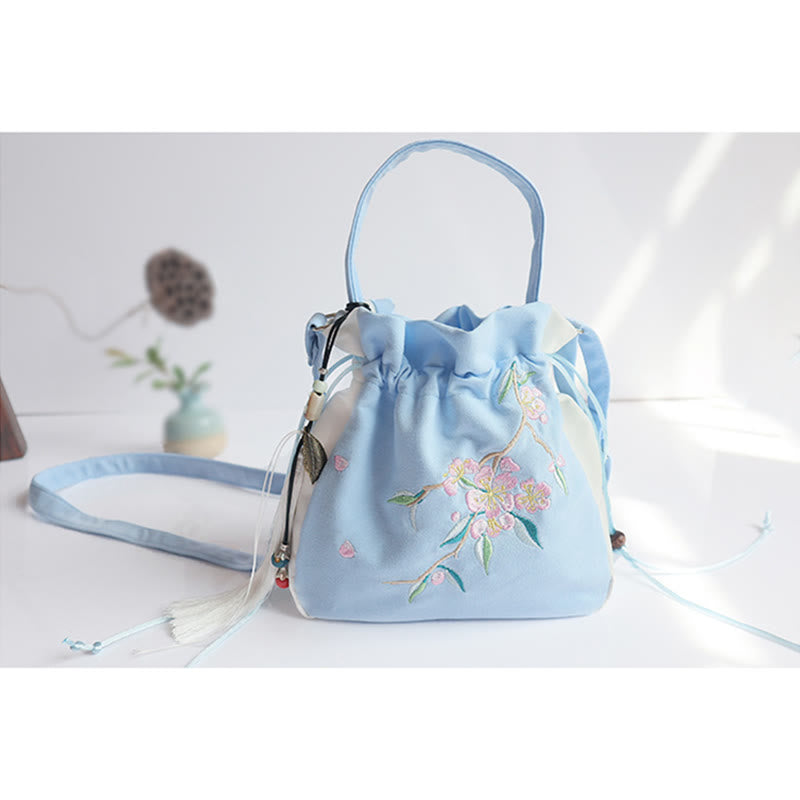 Borsa a tracolla in tela con fiori ricamati a mano con Buddha Stones