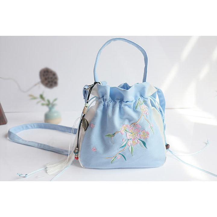 Borsa a tracolla in tela con fiori ricamati a mano con Buddha Stones