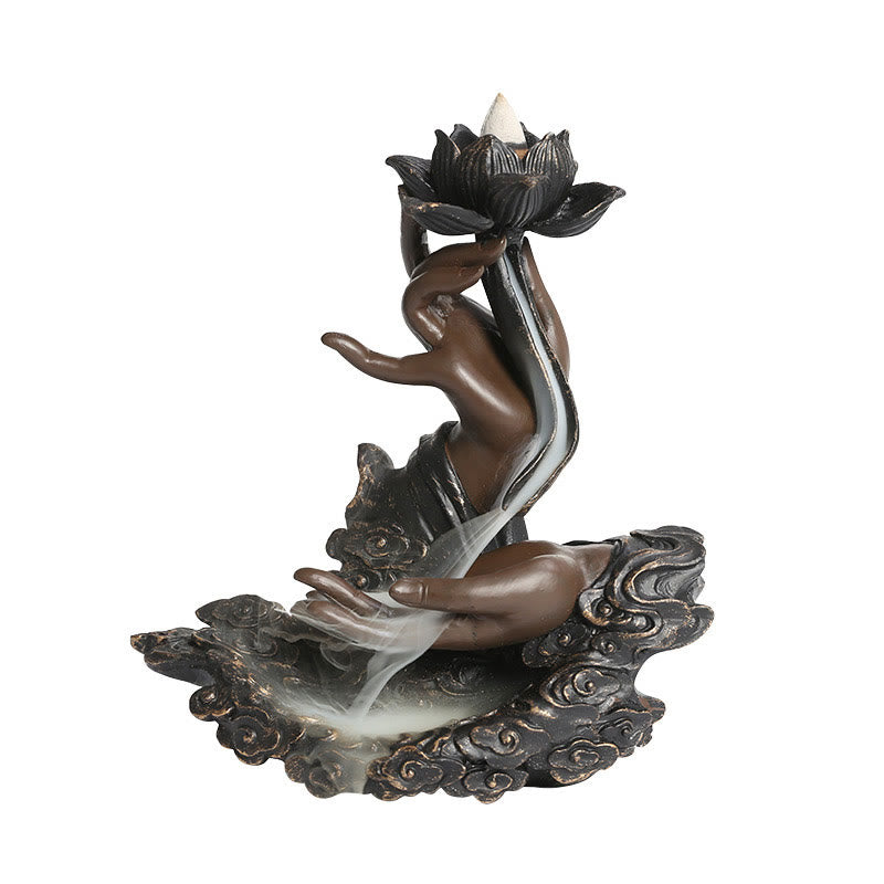 Buddha Stones Loto Mano di Buddha Nuvole di Buon Auspicio Modello Meditazione Resina Bruciatore di Incenso a Riflusso