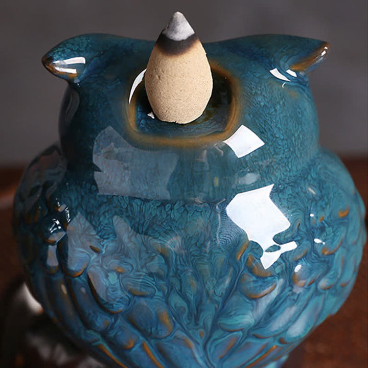 Buddha Stones Gufo carino Fontana di fumo a riflusso in ceramica Bruciatore di incenso Decorazione per meditazione
