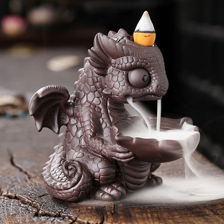 Bella fontana di fumo a riflusso in argilla viola con dinosauro, decorazione per bruciatore di incenso curativo