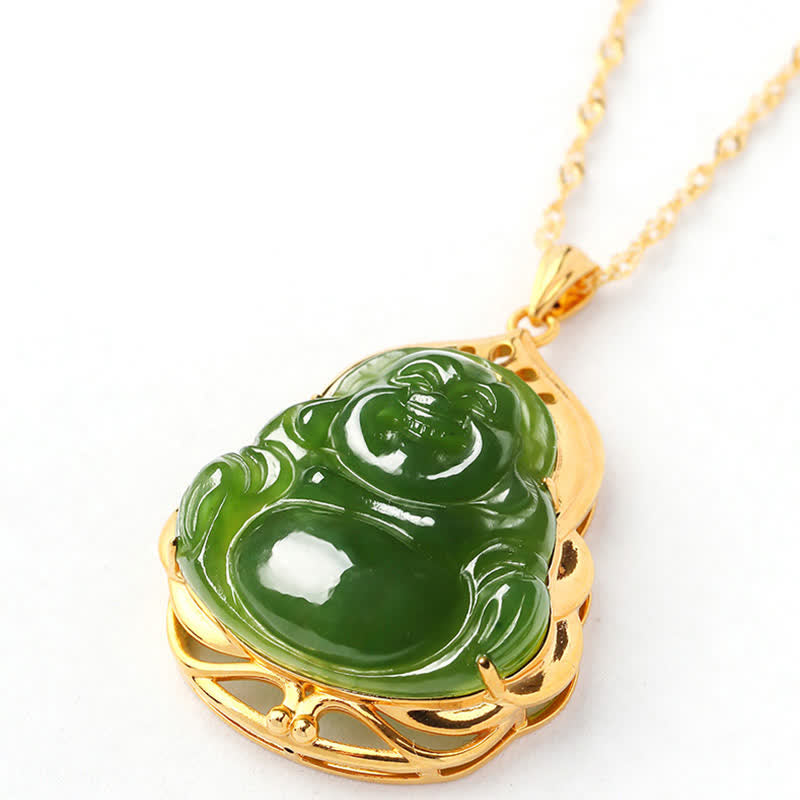 Collana con ciondolo a forma di Buddha che ride in argento sterling 925, giada ciano naturale di Hetian, oro 18 carati, catena di guarigione - image 12