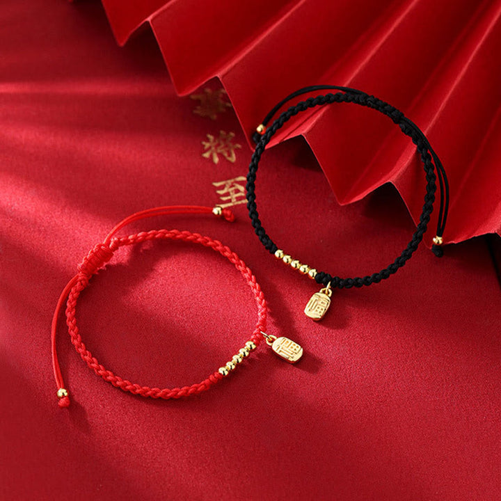 Braccialetto di corda con ciondolo a forma di carattere Fu fatto a mano con Buddha Stones