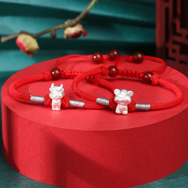 Braccialetto in corda rossa con Buddha Stones in argento sterling 999, zodiaco cinese, fortuna e forza