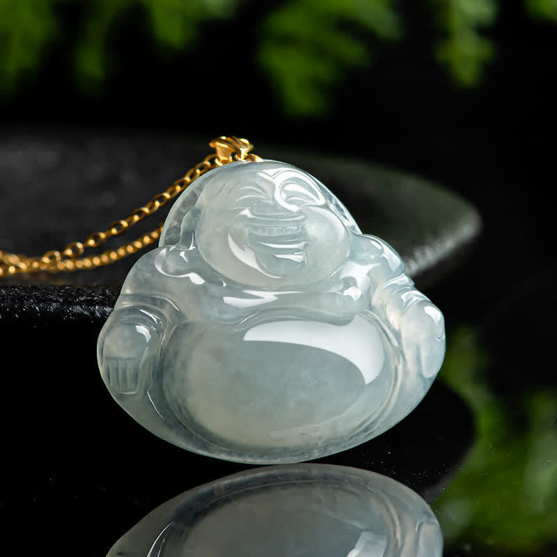 Collana con ciondolo Buddha ridente in giada naturale e oro 18 carati con abbondanza - image 2
