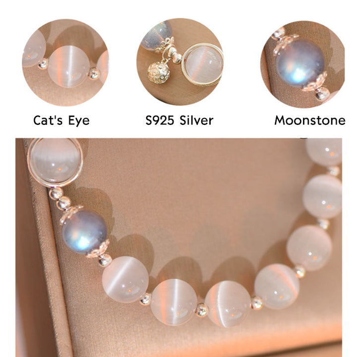 Braccialetto di supporto dell'amore con pietra di luna e occhio di gatto in argento sterling 925 Buddha Stones