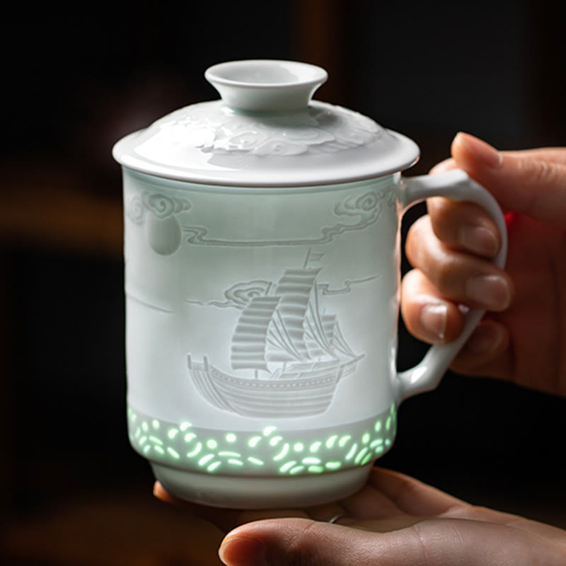 Buddha Stones Jingdezhen Linglong Porcellana Drago di Buon Auspicio Barca Fenice Navigazione Liscia Tazza da Tè in Ceramica Tazze da Tè da Ufficio 420ml