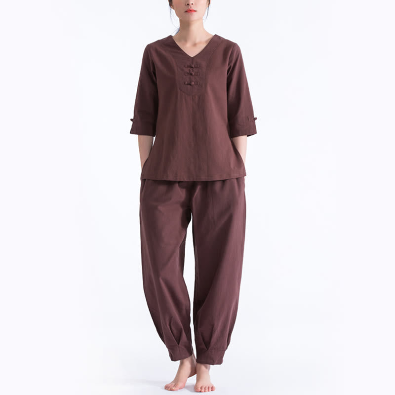Buddha Stones Yoga Meditazione Preghiera Scollo a V Design Cotone Lino Abbigliamento Uniforme Zen Pratica Set da Donna