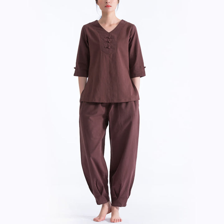 Buddha Stones Yoga Meditazione Preghiera Scollo a V Design Cotone Lino Abbigliamento Uniforme Zen Pratica Set da Donna