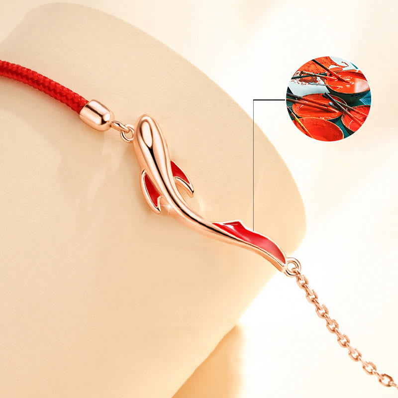 Braccialetto in corda rossa intrecciata con stella di loto e pesce koi in argento sterling 925 Buddha Stones
