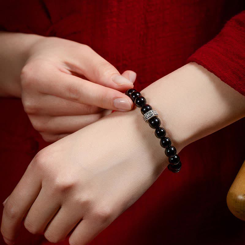 Braccialetto cinese zodiaco natale Buddha 925 argento sterling ossidiana nera pietra di luna forza - image 4