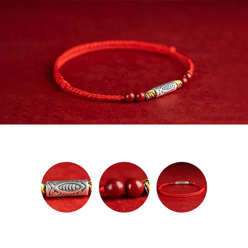 Buddha Stones 925 Sterling Silver Koi Fish Cinnabar Bead Wealth Braccialetto intrecciato artigianale Cavigliera