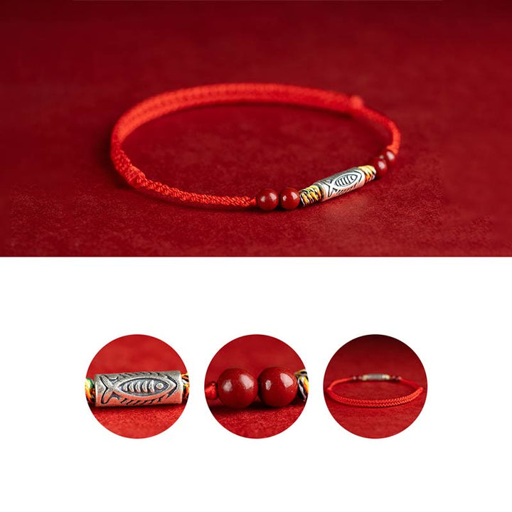 Buddha Stones 925 Sterling Silver Koi Fish Cinnabar Bead Wealth Braccialetto intrecciato artigianale Cavigliera