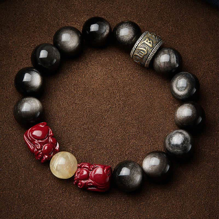 Braccialetto di protezione Om Mani Padme Hum in ossidiana lucida dorata Buddha Stones PiXiu Cinnabar