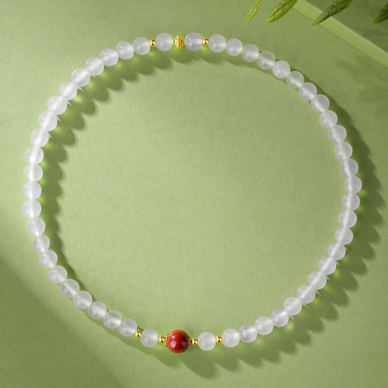 Braccialetto di protezione a doppio giro Buddha Stones in argento sterling 925 con agata bianca naturale e cinabro