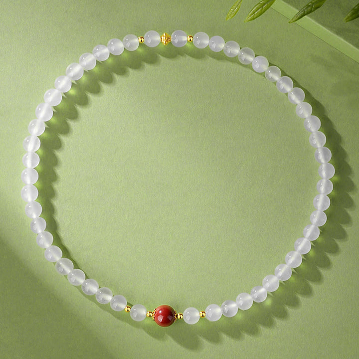Braccialetto di protezione a doppio giro Buddha Stones in argento sterling 925 con agata bianca naturale e cinabro