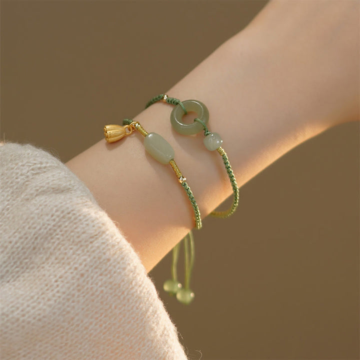 Braccialetto con ciondolo a forma di corda con Buddha Stones , ciondolo a forma di loto, giada e ciondolo per la pace