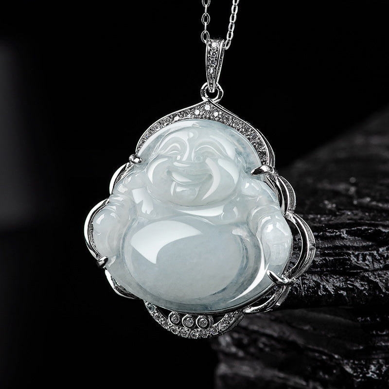 Collana con ciondolo Buddha Stones in argento sterling 925 con Buddha che ride e giada naturale - Giada (Prosperità ♥ Abbondanza) - image 1
