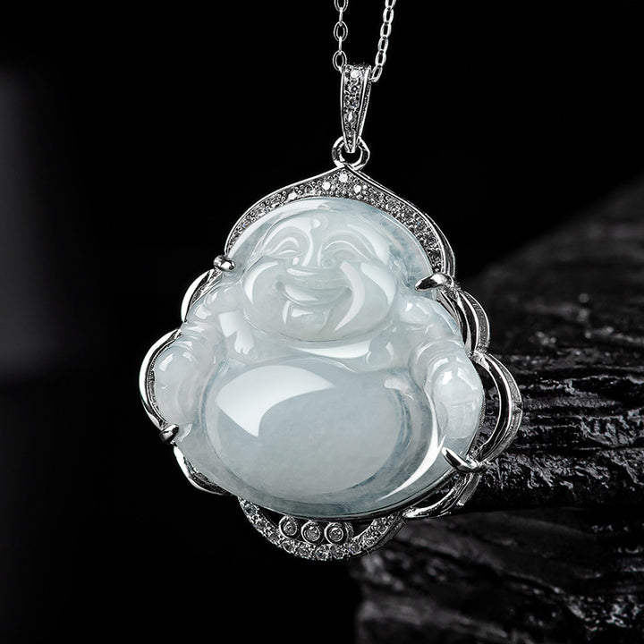 Collana con ciondolo Buddha Stones in argento sterling 925 con Buddha che ride e giada naturale - Giada (Prosperità ♥ Abbondanza) - image 1