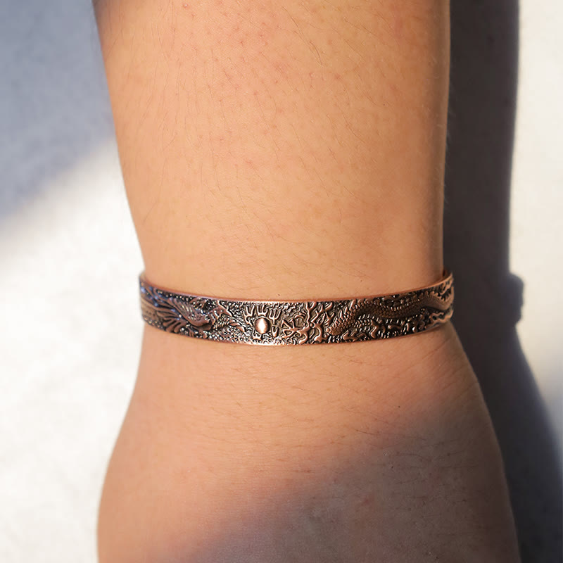 Bracciale rigido magnetico in rame massiccio con drago e fenice Buddha Stones