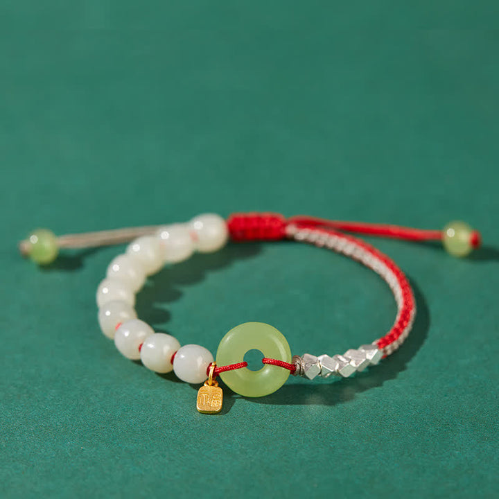 Braccialetto con ciondolo di fortuna e felicità con perline e fibbia della pace in giada Hetian in argento sterling 925 Buddha Stones