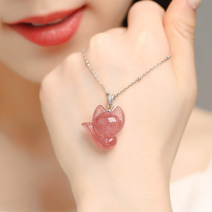 Collana con ciondolo guarigione volpe quarzo fragola in argento sterling 925 placcato oro 14k Buddha Stones