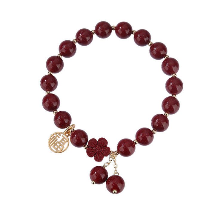 Braccialetto di benedizione con fiori di ciliegio e carattere Fu in pietra di cinabro Buddha Stones