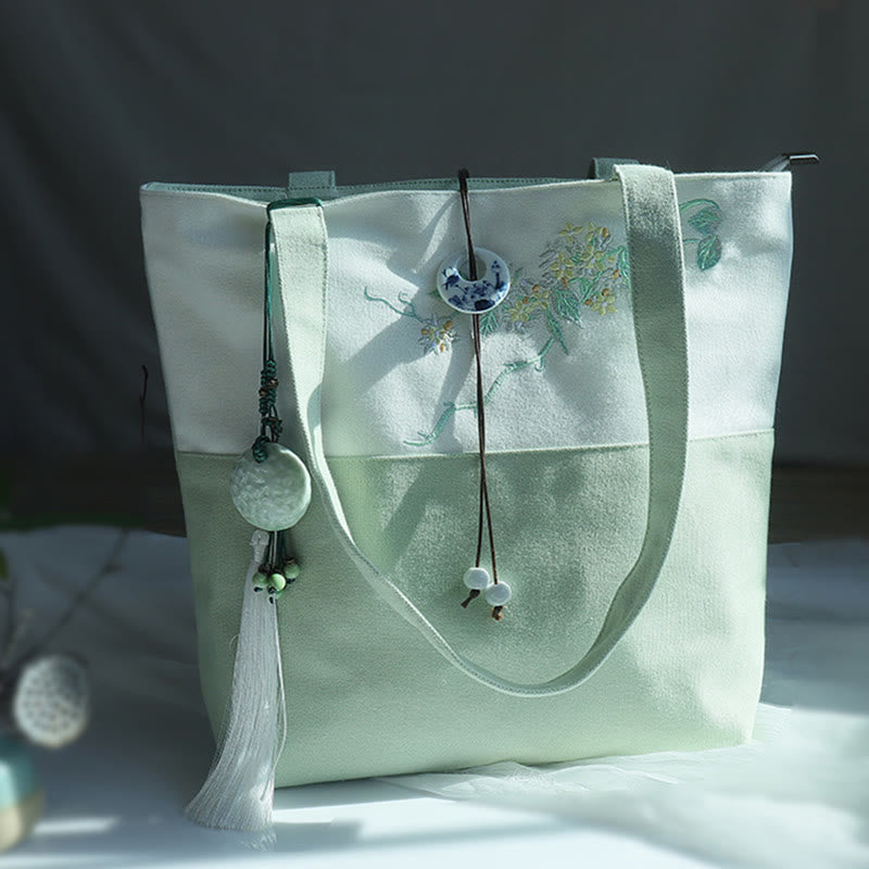 Borsa a tracolla grande capacità in tela con ricamo in bambù, prugna, fiore di pera, pesco