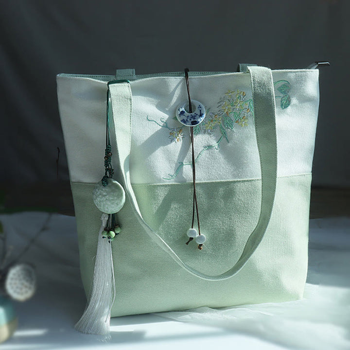 Borsa a tracolla grande capacità in tela con ricamo in bambù, prugna, fiore di pera, pesco
