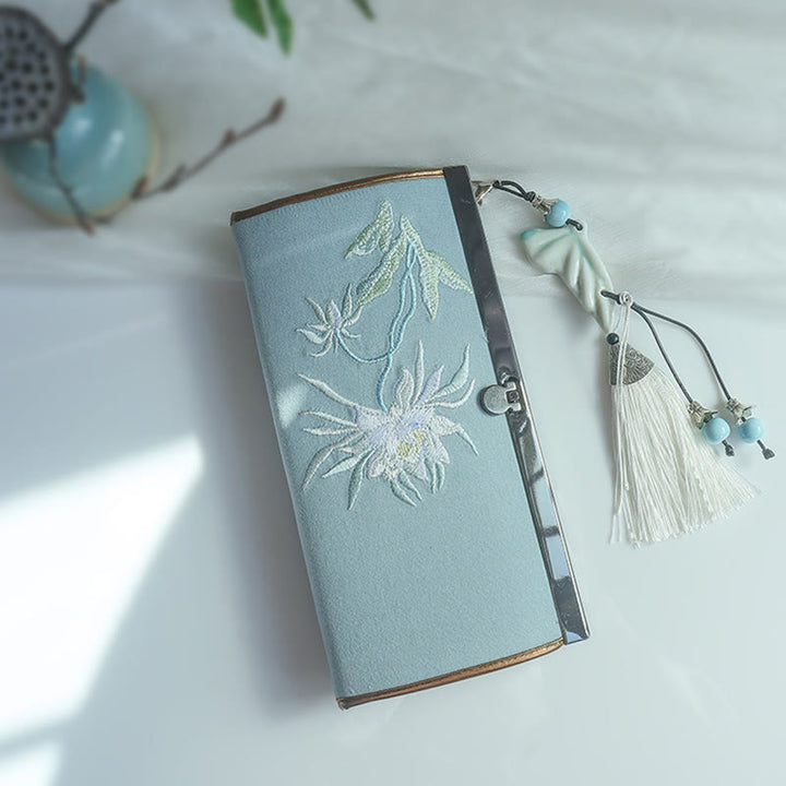 Portafoglio portasoldi grande capacità con ricamo a doppia faccia, Buddha Stones, fiori di prugna, fiori di pesco, bambù, borsa per la spesa - Fiore di Epiphyllum verde - image 0