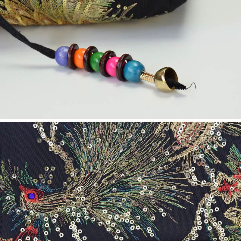 Borsa a tracolla con ricamo a doppia faccia con Buddha Stones e pavone