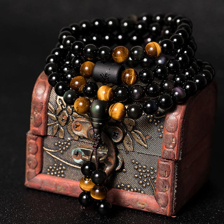 Braccialetto di benedizione di zucca di ossidiana arcobaleno di ossidiana nera naturale Buddha Stones Mala