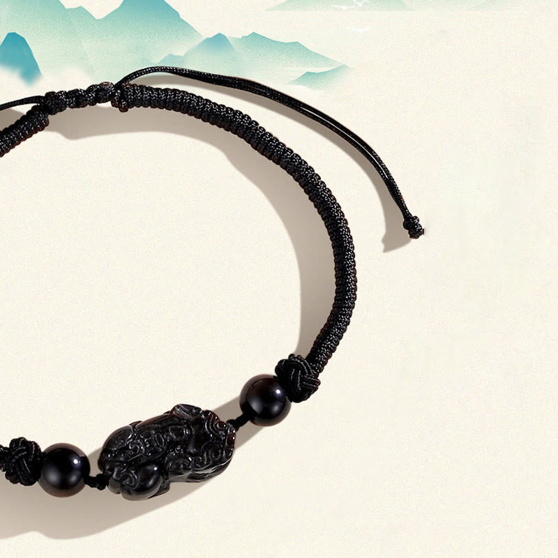Braccialetto intrecciato di protezione PiXiu in quarzo fragola con ossidiana lucida in argento naturale fatto a mano Buddha Stones