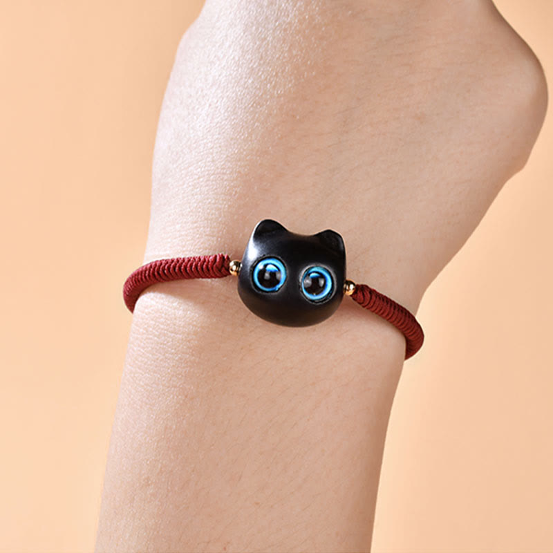 Bracciale intrecciato con motivo a testa di gatto in legno di ebano Buddha Stones, nodo di King Kong della pace - image 8