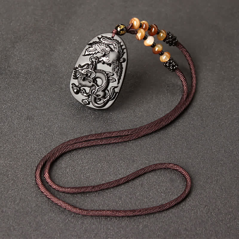 Collana con ciondolo di perline di protezione in ossidiana nera con occhio di tigre, drago e fenice - Filo di perline di ossidiana e agata - image 4